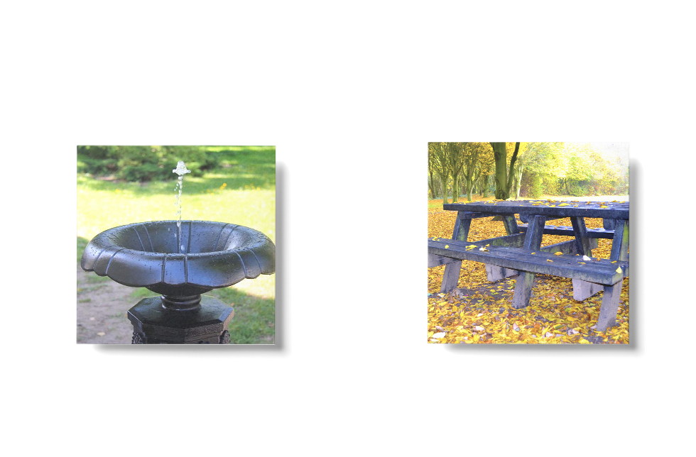 питьевой фонтанчик и стол в парке